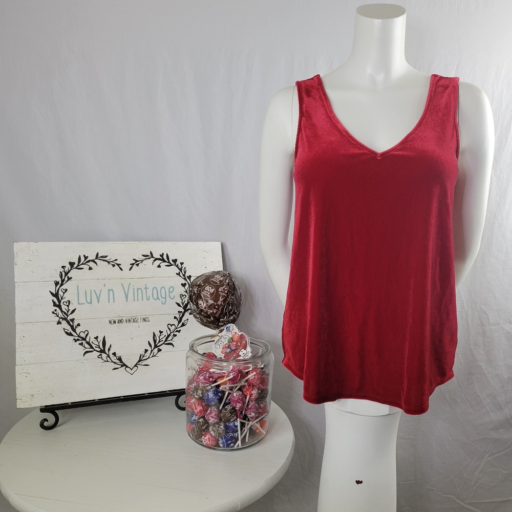 Gibson Womens Red Velvet V-Neck Tank Top Sleeveless Relaxed Fit XS